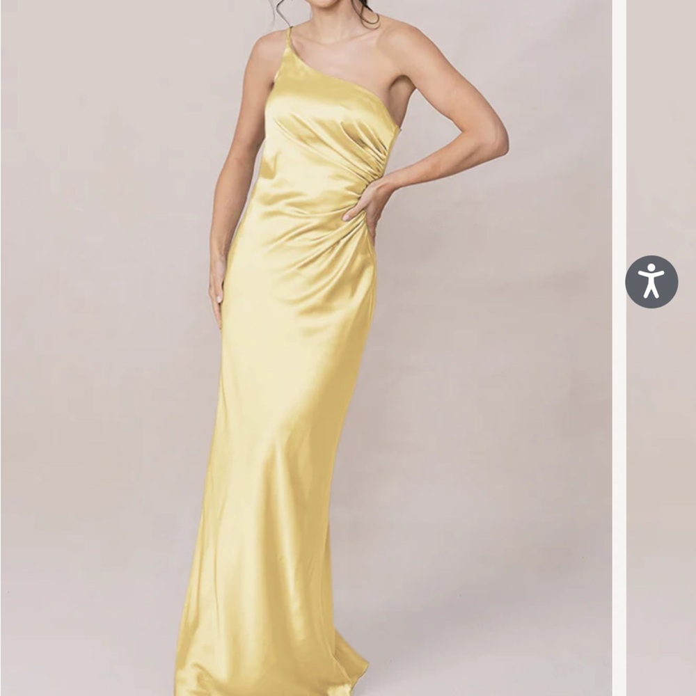 Revelry Jade Satin Yellow One Shoulder Bridesmaid Dress